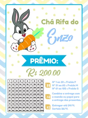 Convite Chá Rifa Pernalonga Editável para Chá de Bebê