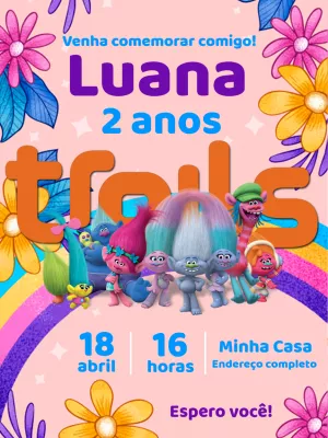 Convite de Aniversário Trolls Festa Colorida para Editar Online