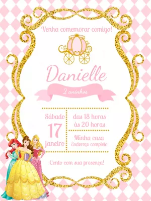 Convite Aniversário Princesas da Disney para Editar Online