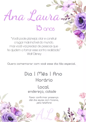 Convite de 15 Anos Floral Lilás para Editar Online