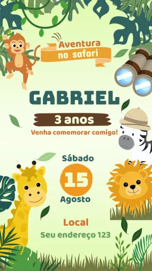 Convite de Aniversário Safari com Animais para Editar Online