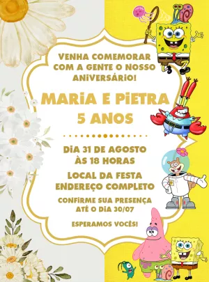 Convite Aniversário Duplo Bob Esponja e Margaridas para Editar