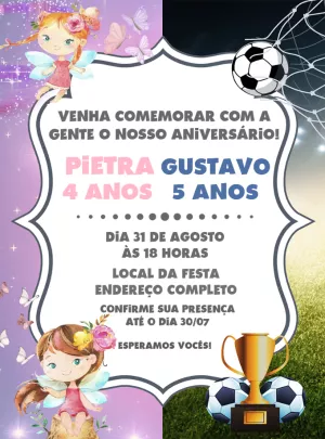 Convite Aniversário Duplo Fadas e Futebol para Editar Online