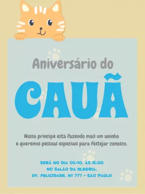 Convite Aniversário Infantil Gatinho para Editar Online