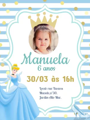 Convite Aniversário Cinderela com Foto para Editar Online