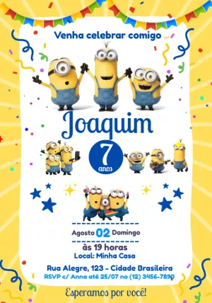 Convite de Aniversário Minions para Editar e Enviar Online