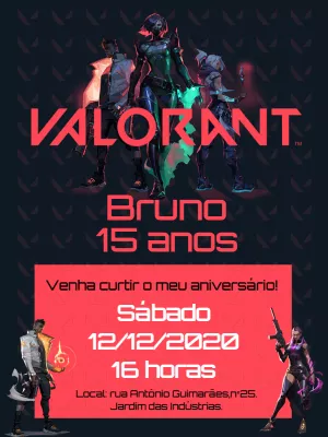 Convite de Aniversário Valorant com Personagens para Editar