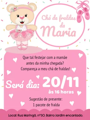 Convite Chá de Fraldas Ursinha Bailarina para Editar Online