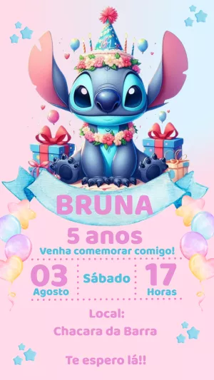 Convite de Aniversário Stitch Rosa para Editar Online