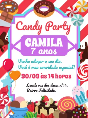 Convite de Aniversário Candy Party Doces para Editar Online