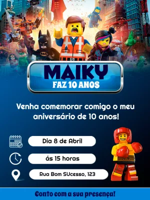 Convite de Aniversário Lego com Personagens para Editar Online
