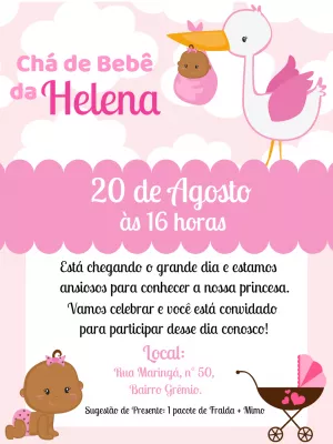Convite Chá de Bebê Menina Negra com Cegonha para Editar Online