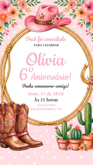 Convite de Aniversário Boiadeira Rosa Country Editável