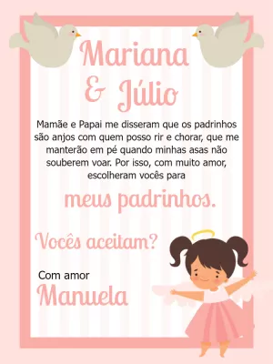 Convite Padrinhos de Batismo com Anjinha para Editar Online