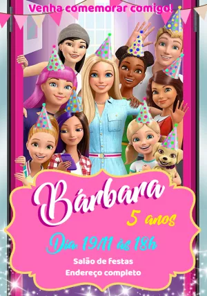 Convite Aniversário Barbie e Amigos para Editar Online