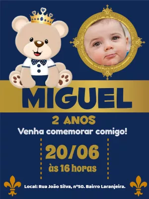 Convite Aniversário Ursinho Príncipe com Foto para Editar Online