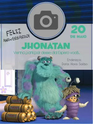 Convite de Aniversário Monstros SA com Foto para Editar Online