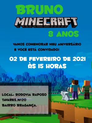 Convite Aniversário Minecraft com Personagens para Editar Online
