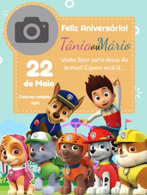 Convite Aniversário Patrulha Canina com Foto para Editar Online