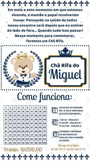 Convite Chá Rifa Ursinho Príncipe para Editar Online