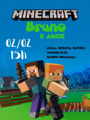 Convite Aniversário Minecraft com Personagens para Editar Online