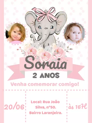 Convite Aniversário Elefantinha Floral com Foto para Editar