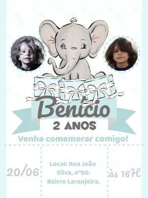 Convite Aniversário Elefantinho com Foto para Editar Online