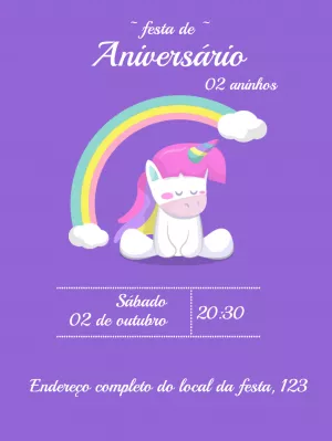 Convite de Aniversário Unicórnio Fofo para Editar Online