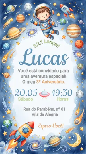 Convite de Aniversário Astronauta Infantil Editável