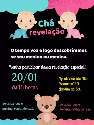 Convite Chá Revelação com Bebês e Ursinho para Editar Online