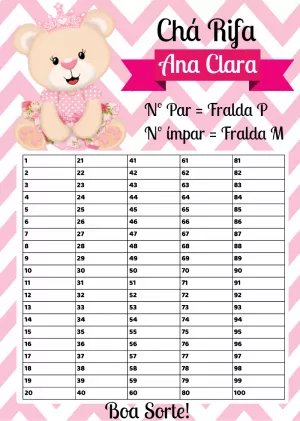 Cartela de Rifa Chá de Bebê Ursinha Princesa Editável