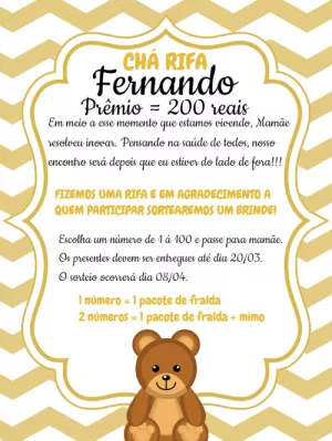 Convite Chá Rifa Ursinho Dourado para Editar Online