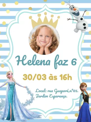 Convite Aniversário Frozen com Foto para Editar Online