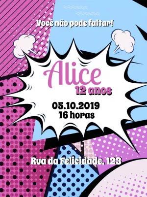 Convite de Aniversário Pop Art Comics para Editar Online