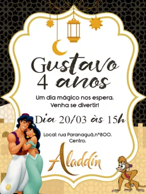 Convite de Aniversário Aladdin com Personagens para Editar
