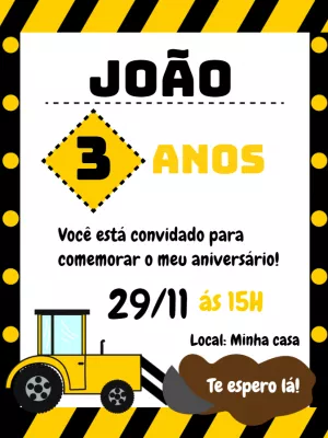 Convite Aniversário Tema Construção para Editar Online