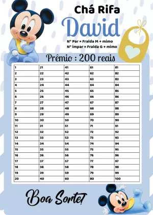 Chá Rifa Mickey Baby: Cartela Editável para Imprimir