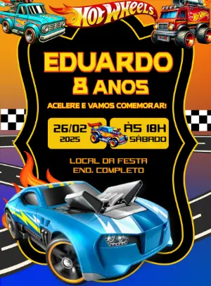 Convite de Aniversário Hot Wheels com Carros para Editar Online