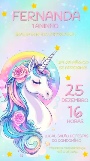 Convite de Aniversário Unicórnio Mágico em Aquarela para Editar