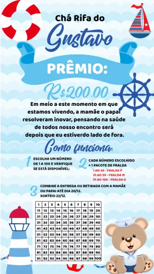 Convite Chá Rifa Ursinho Marinheiro para Editar Online