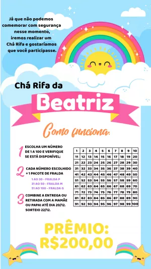 Convite Chá Rifa Arco Íris Fofo para Editar Online