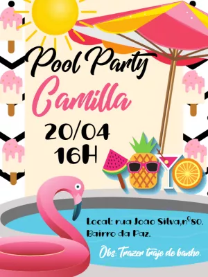 Convite Aniversário Pool Party com Flamingo para Editar Online