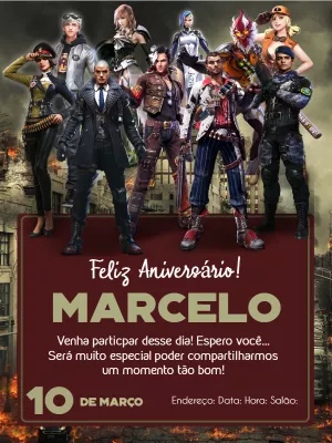Convite de Aniversário Free Fire Esquadrão em Ação para Editar