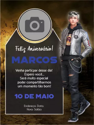 Convite de Aniversário Free Fire com Jaqueta Prateada para Editar