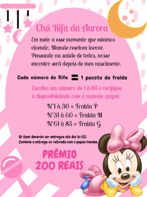 Convite Chá Rifa Minnie Baby Editável para Enviar Online