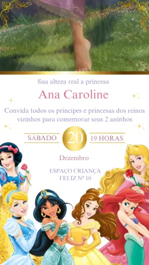 Convite Animado Aniversário Princesas Disney para Editar Online