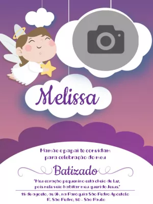 Convite de Batizado Menina com Foto Anjinha para Editar