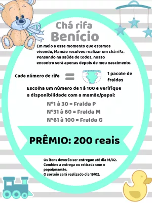 Convite Chá Rifa Ursinho Azul para Editar Online
