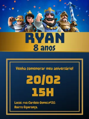Convite de Aniversário Clash Royale com Personagens para Editar