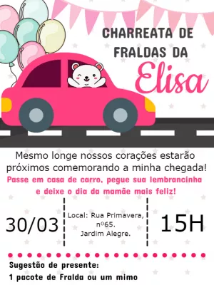 Convite Charreata de Fraldas Ursinha no Carro para Editar